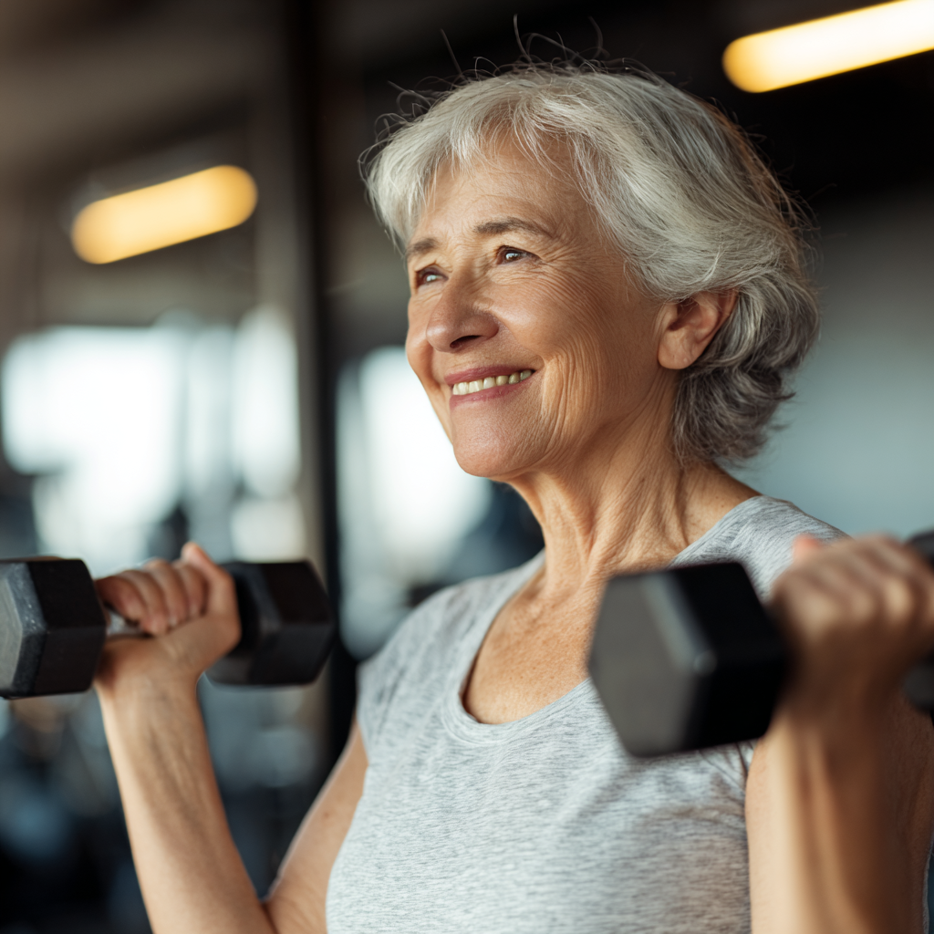 Smiling elderly European person exercising with weights in a modern gym