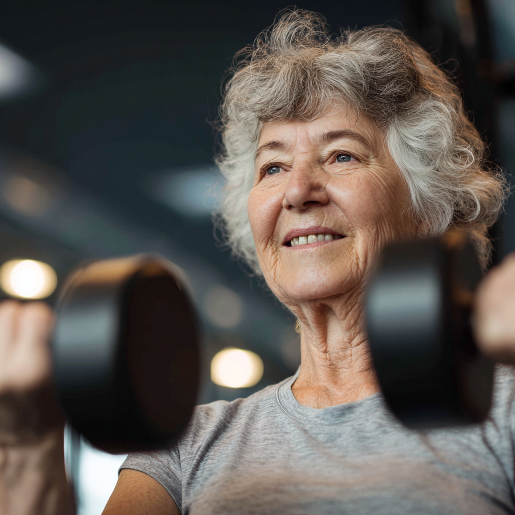 Elderly European person doing endurance training on exercise bike in modern fitness center